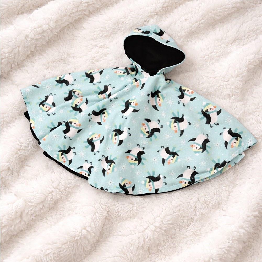 Handmade Penguin Hooded Cape | Youth One Size | Warm Double Layer | Blue